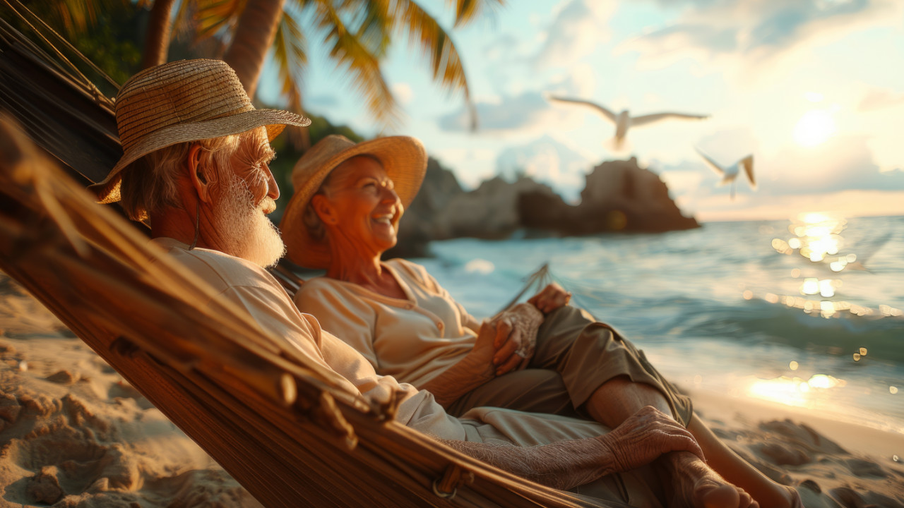 Rentnerpaar liegt in Liegestühlen am sonnigen Strand.